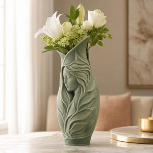 Pode incluir: Um vaso de cerâmica verde-sálvia com um relevo esculpido de um rosto rodeado por padrões de folhas fluidas. O vaso contém um buquê de lírios brancos, rosas brancas e pequenas flores de hortênsia verdes, criando um arranjo floral alto e elegante.