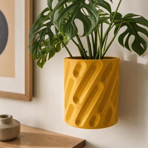Könnte beinhalten: Ein senfgelber, zylindrischer Wandpflanztopf mit einer strukturierten Oberfläche aus sich wiederholenden, diagonalen Vertiefungen. Eine grüne Monstera-Pflanze mit großen, geschlitzten Blättern wächst aus dem an der Wand montierten Topf.