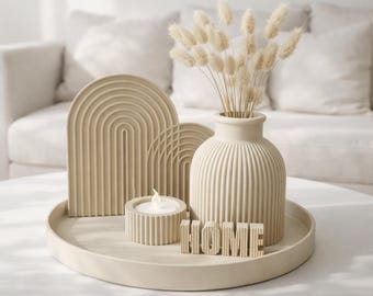 Modern HOME Decor Set - 3D Printed Ribbed Vase and Tealight Holder - Large 22 cm Circular Tray - Minimalist Scandi Table Centerpiece - Gift