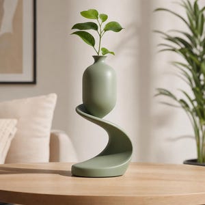Könnte beinhalten: Eine salbeigrüne Vase mit glatter, matter Oberfläche, bestehend aus einem abgerundeten oberen Teil, der von einem geschwungenen, spiralförmigen Sockel getragen wird. Eine kleine grüne Pflanze mit mehreren Blättern steckt in der schmalen Öffnung.