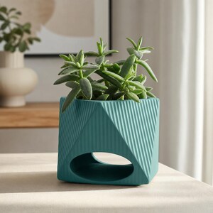 Può includere: Un vaso in ceramica color verde acqua con un design geometrico sfaccettato e un'apertura ovale orizzontale alla base. Il vaso presenta una superficie testurizzata a coste e contiene una pianta succulenta verde con foglie carnose.