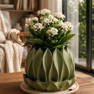 Może przedstawiać: Roślina Kalanchoe w doniczce z kiściami małych białych kwiatów i ciemnozielonymi, ząbkowanymi liśćmi, umieszczona w szałwiowej doniczce o pionowym wzorze płatków, stojąca na okrągłej, złamanej bieli podstawce.