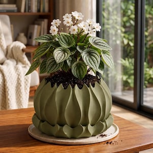 May include: A potted plant with variegated green and silver leaves and small white flowers, housed in a sage green, petal-shaped ceramic planter with a matching saucer, resting on a circular, light-colored stone base on a wooden surface.