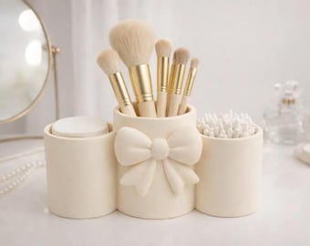 Coquette Makeup Brush Holder, 3D Printed Bow Vanity Organizer, Cute Cotton Pad and Qtip Holder, Aesthetic Desk Storage, Gift for Her