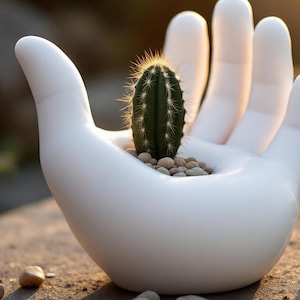 Könnte beinhalten: Ein weißer Keramik-Pflanztopf in Form einer offenen menschlichen Hand, der einen kleinen grünen Kaktus enthält, welcher von hellbraunen Zierkieseln umgeben ist. Die Handskulptur besitzt glatte, abgerundete Finger und eine ausgehöhlte Handfläche.