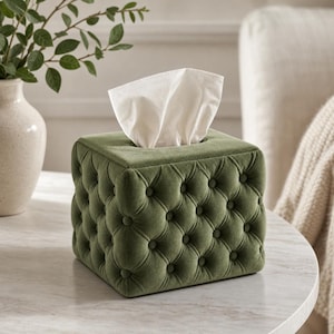 Pode incluir: Uma capa quadrada para caixa de lenços estofada em tecido de veludo verde-oliva, apresentando um design capitonê com botões correspondentes revestidos de tecido no topo e nas laterais. Um lenço branco sai pela abertura central.
