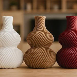 May include: Three decorative vases in white, brown, and red. Each vase has a unique gourd-like shape with a textured, swirling design. The vases are displayed on a wooden surface, showcasing their contrasting colors and textures.