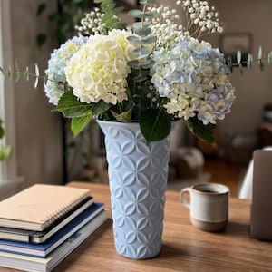 Könnte beinhalten: Eine hellblaue Vase mit einem sich wiederholenden geometrischen Kreismuster enthält einen Blumenstrauß aus weißen und hellblauen Hortensien, grünen Eukalyptuszweigen und kleinen weißen Schleierkrautblüten, die ein Blumenarrangement bilden.