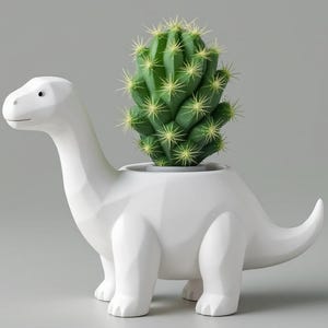 Könnte beinhalten: Ein weißer, geometrisch geformter Dinosaurier-Übertopf mit facettiertem Oberflächendesign. Der hohle Rücken des Dinosauriers enthält einen leuchtend grünen Kaktus mit spitzen, hellen Dornen, was einen Kontrast zwischen dem glatten weißen Körper und der Pflanze bildet.
