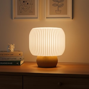 Ribbed Lantern Table Lamp with E27 Cord, Fluted Mushroom Nightlight, Japandi Style Bedside Light, Aesthetic Room Decor, Cute Donut Lamp