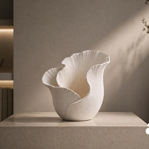 Könnte beinhalten: Eine mattweiße Keramikvase mit einem skulpturalen Design, das die organische, geschichtete Form eines blühenden Blütenblattes nachahmt. Die Oberfläche weist feine, vertikale Rillen auf, die von der Basis bis zu den gewellten, ausgestellten Rändern verlaufen.