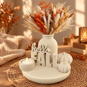 Autumn Decor Set with LED Candle, 7-Piece Hello Fall Sign, Pumpkins, Vase & Tray, Fall Table Decor, Thanksgiving Home Decoration