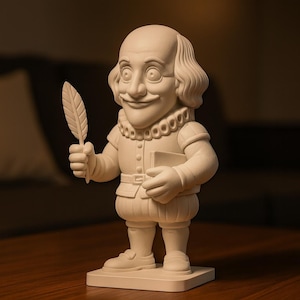 Puede incluir: Una figura de color blanco hueso mate de un personaje histórico con cuello de lechuguilla, que sostiene una pluma en una mano y un libro en la otra. El personaje tiene una frente prominente, cabello ondulado y se apoya en una base rectangular.
