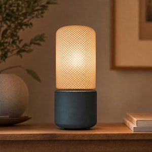 May include: A cylindrical table lamp featuring a dark gray matte base and a light-colored, textured mesh shade. The shade has a repeating diamond-patterned grid structure that emits a warm, soft glow from the internal light source.