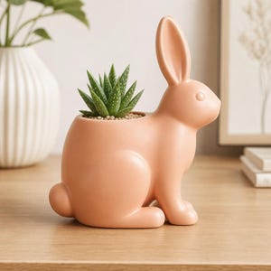 Może przedstawiać: Matowa doniczka ceramiczna w kolorze brzoskwiniowym w kształcie siedzącego królika. Królik ma długie, stojące uszy i mały okrągły ogonek. W wydrążonym grzbiecie figurki królika posadzony jest mały zielony sukulent o spiczastych liściach.