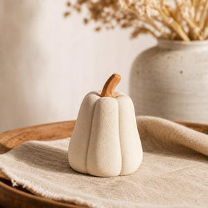 Könnte beinhalten: Eine kleine, cremeweiße, dekorative Kürbisfigur mit einer texturierten, matten Oberfläche und einem glatten, hellbraunen Holzstiel. Der Kürbis hat eine abgerundete, gerippte Form und steht aufrecht, was ein schlichtes Design mit neutralen Tönen zeigt.
