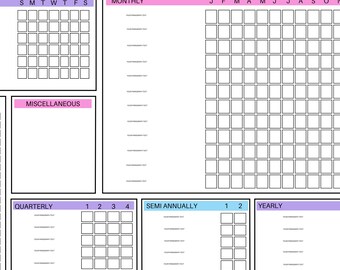 May include: A white cleaning schedule template with sections for daily, weekly, monthly, quarterly, semi-annually, and yearly tasks. The title "Cleaning Schedule" is at the top. Each section has a grid for tracking tasks.