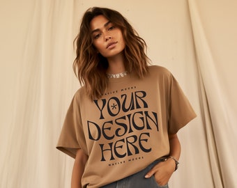 Gildan 5000 Old Gold Tshirt mockup, Fashion t-shirt mock up, Oversize shirt, Model mock-up