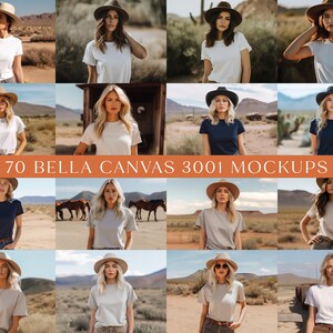May include: 70 Bella Canvas 3001 Mockups featuring a variety of women wearing different colored t-shirts in a desert setting. The t-shirts are blank and ready for customization.