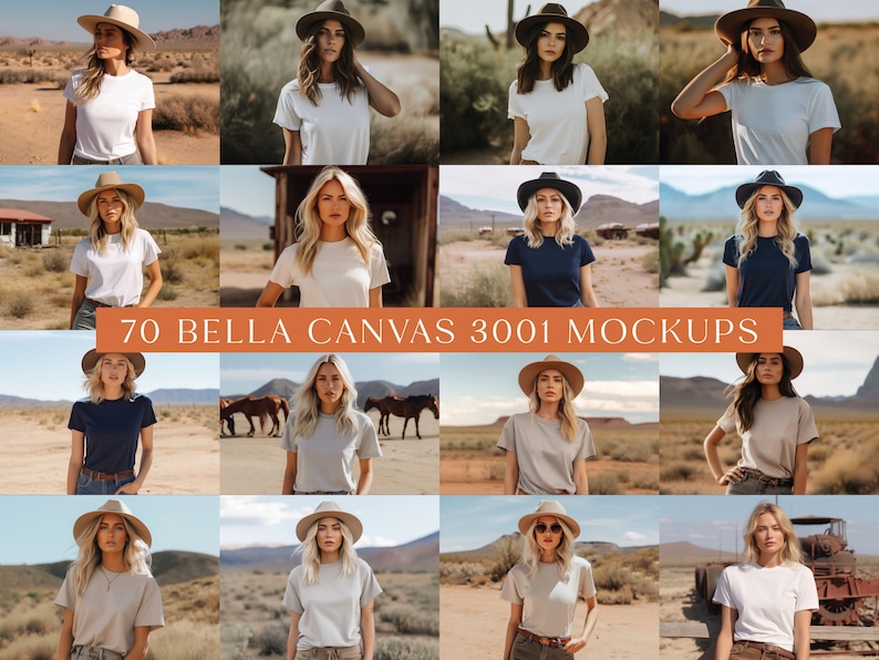 May include: 70 Bella Canvas 3001 Mockups featuring a variety of women wearing different colored t-shirts in a desert setting. The t-shirts are blank and ready for customization.