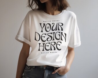 Gildan 5000 White Tshirt mockup, Fashion t-shirt mock up, Studio Shoot, Model mock-up