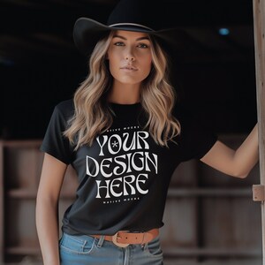Bella Canvas 3001 Black Tshirt mockup, Fashion t-shirt mock up, Western Cowgirl Boho, Model mock-up