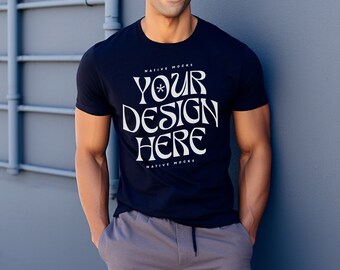 Bella Canvas 3001 Navy Tshirt mockup, Men's T-Shirt Mockup, Male t-shirt Mockup, Outside, Street, City