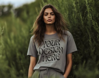 Gildan 5000 Gravel Grey Tshirt mockup, Fashion t-shirt mock up, Oversize shirt, Model mock-up