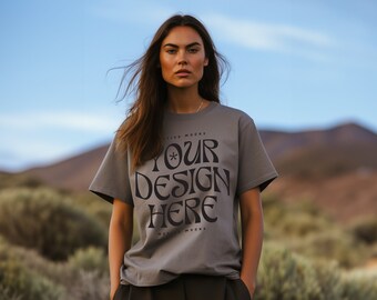 Gildan 5000 Gravel Grey Tshirt mockup, Fashion t-shirt mock up, Oversize shirt, Model mock-up