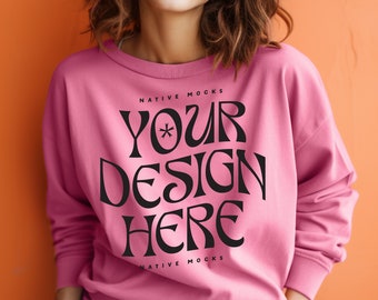 Gildan 18000 Safety Pink Sweatshirt mockup | Sweatshirt Model Mockup | Gildan Crewneck Mockups | Aesthetic 18000 Mockup
