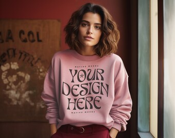 Gildan 18000 Light Pink Sweatshirt mockup | Sweatshirt Model Mockup | Gildan Crewneck Mockups | Aesthetic 18000 Mockup