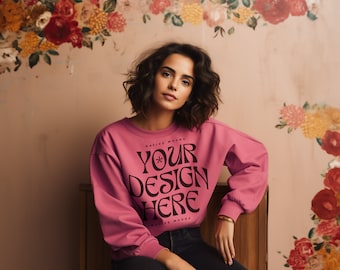 Gildan 18000 Heather Sport Scarlet Red Sweatshirt mockup | Sweatshirt Model Mockup | Gildan Crewneck Mockups | Aesthetic 18000 Mockup