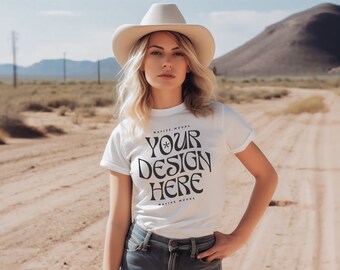 Bella Canvas 3001 White Tshirt mockup, Fashion t-shirt mock up, Western Shoot, Boho Model mock-up