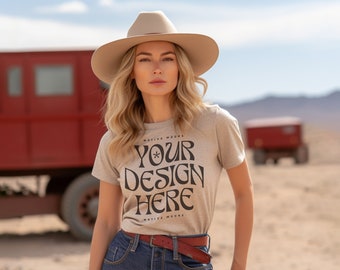 Bella Canvas 3001 Soft Cream Tshirt mockup, Fashion t-shirt mock up, Western Cowgirl Boho, Model mock-up