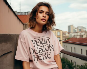 Gildan 5000 Light Pink Tshirt mockup, Fashion t-shirt mock up, Studio Shoot, Model mock-up