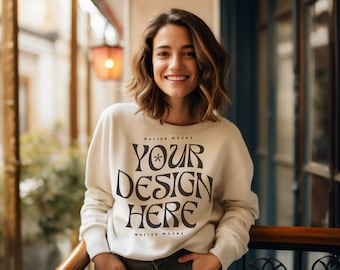Gildan 18000 Sand Sweatshirt mockup | Sweatshirt Model Mockup | Gildan Crewneck Mockups | Aesthetic 18000 Mockup