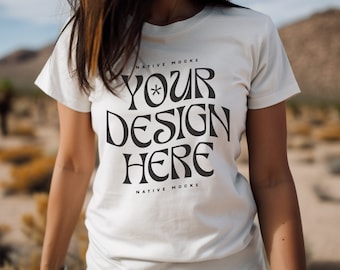 Bella Canvas 3001 White Tshirt mockup, Fashion t-shirt mock up, Western Desert Boho, Model mock-up
