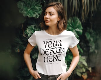 Bella Canvas 3001 White Tshirt mockup, Fashion t-shirt mock up, Plant Lady Jungle, Model mock-up