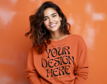 Gildan 18000 Orange Sweatshirt mockup | Sweatshirt Model Mockup | Gildan Crewneck Mockups | Aesthetic 18000 Mockup