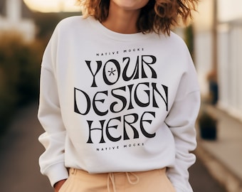 Gildan 18000 White Sweatshirt mockup | Sweatshirt Model Mockup | Gildan Crewneck Mockups | Aesthetic 18000 Mockup