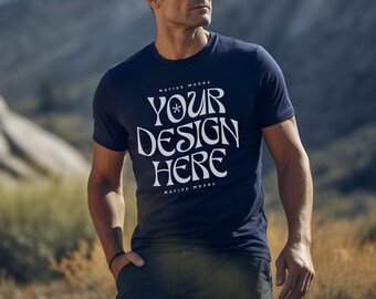 Bella Canvas 3001 Navy Tshirt mockup, Model T-Shirt Mockup, Male t-shirt Mockup, Nature, Outdoors