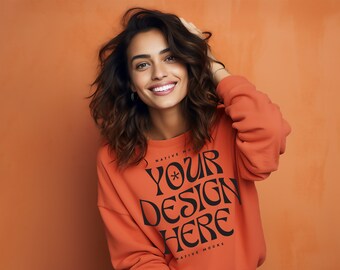 Gildan 18000 Orange Sweatshirt mockup | Sweatshirt Model Mockup | Gildan Crewneck Mockups | Aesthetic 18000 Mockup