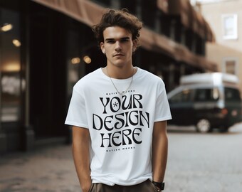 Bella Canvas 3001 White Tshirt mockup, Model T-Shirt Mockup, Male t-shirt Mockup, Street Grunge, White Tshirt mock