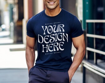 Bella Canvas 3001 Navy Tshirt mockup, Men's T-Shirt Mockup, Male t-shirt Mockup, Outside, Street, City