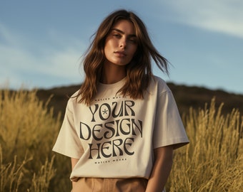 Gildan 5000 Natural Tshirt mockup, Fashion t-shirt mock up, Oversize shirt, Model mock-up