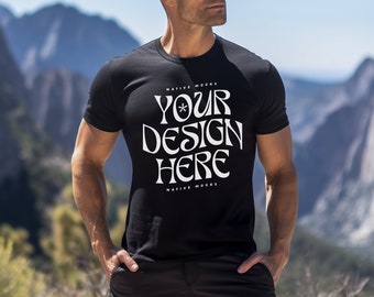 Bella Canvas 3001 Black Tshirt mockup, Model T-Shirt Mockup, Male t-shirt Mockup, Nature, Outdoors