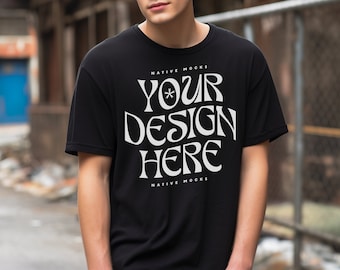 Bella Canvas 3001 Black Tshirt mockup, Model T-Shirt Mockup, Male t-shirt Mockup, Street Grunge, Grey Tshirt mockup