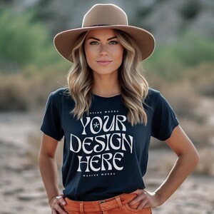 Bella Canvas 3001 Navy Tshirt mockup, Fashion t-shirt mock up, Western Cowgirl Boho, Model mock-up