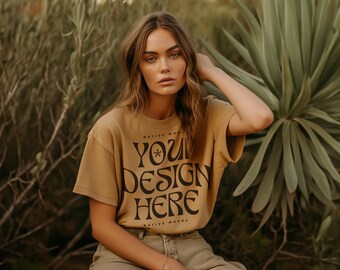 Gildan 5000 Old Gold Tshirt mockup, Fashion t-shirt mock up, Oversize shirt, Model mock-up