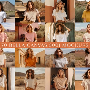 May include: A collage of photos featuring women wearing various colored t-shirts in different desert landscapes. The text "70 Bella Canvas 3001 Mockups" is displayed in the center of the collage.